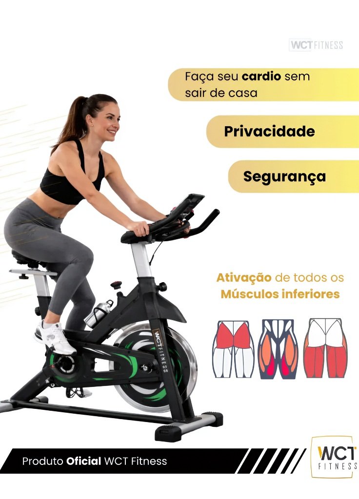 vista lateral da bicicleta spinning WCT Fitness 20kg
