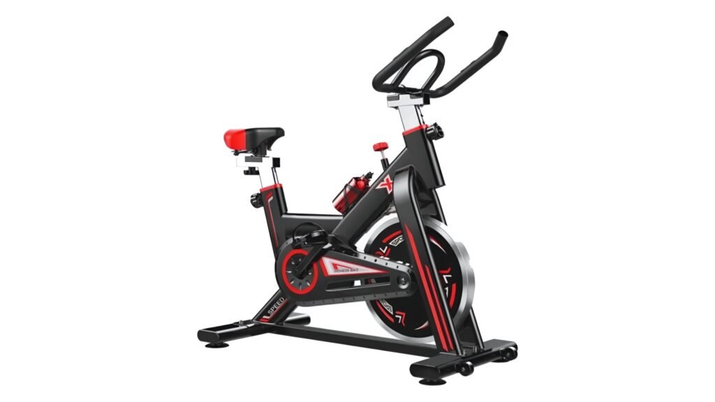 Bicicleta de spinning Q50 New Speed 13kg completa na cor preta, vista lateral, com banco e guidão ajustáveis