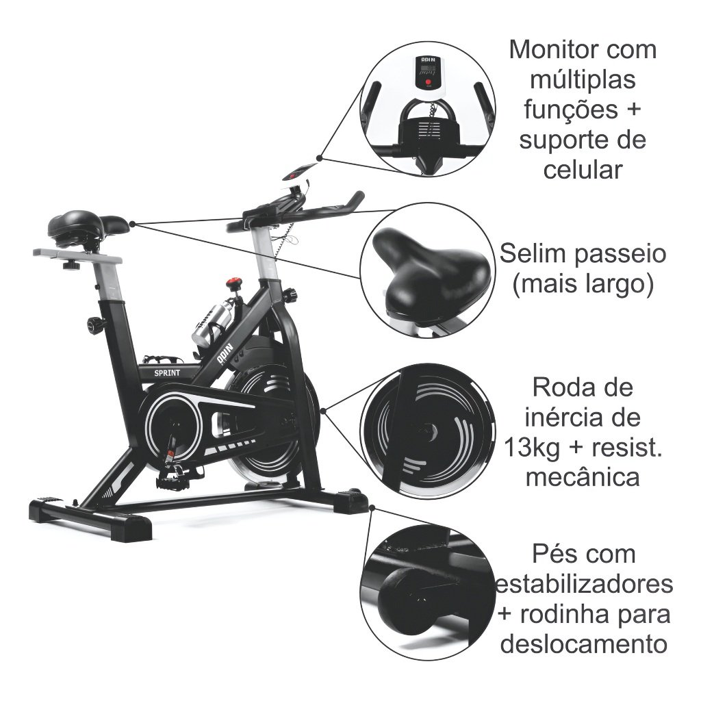 Detalhe da bicicleta de spinning Odin Fit 13kg.