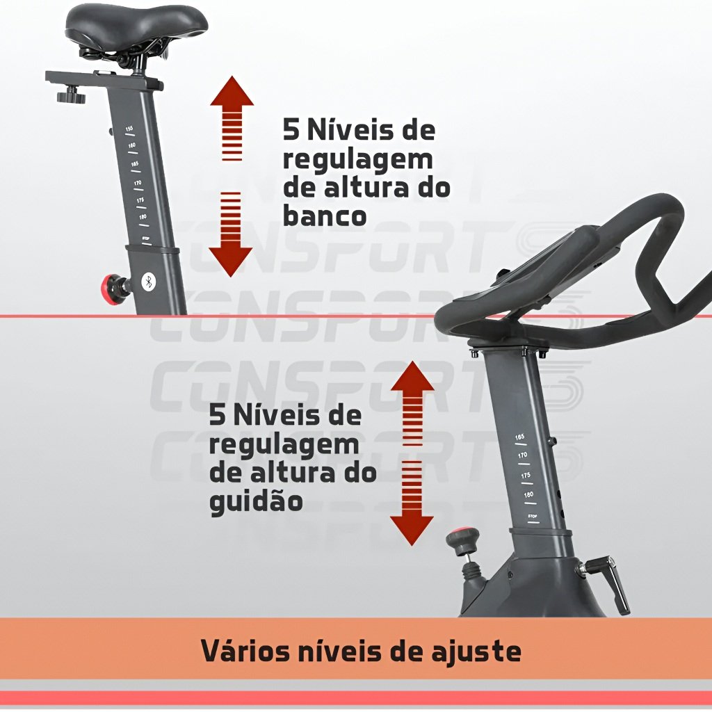 Ajustes da bicicleta spinning S320 Connect 13kg com regulagem de banco e guidão para melhor conforto
