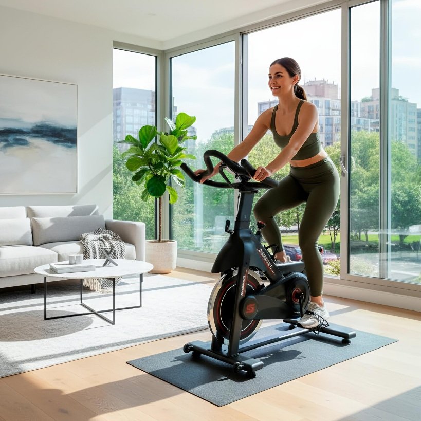 Bicicleta spinning S320 Connect 13kg em ambiente residencial ideal para treinos em casa