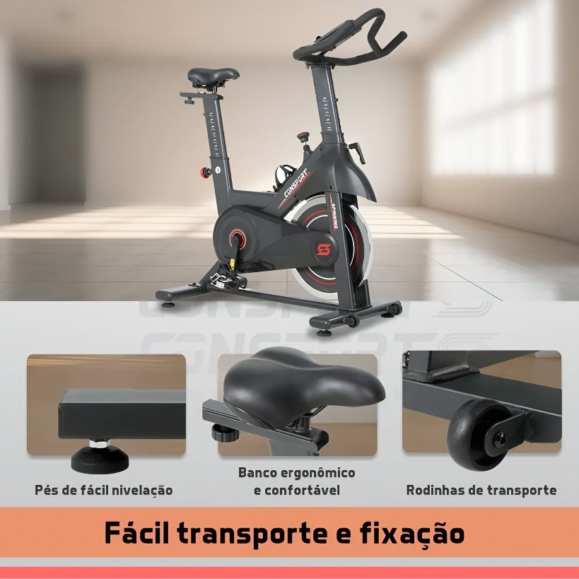 Detalhe técnico da bicicleta spinning S320 Connect 13kg com sistema de transmissão e roda de inércia