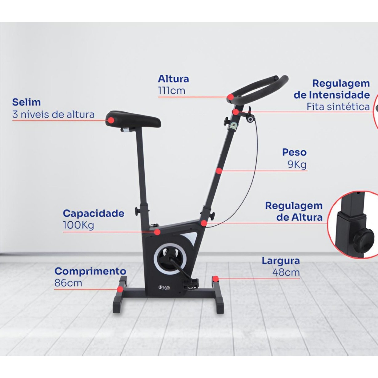 Detalhes da bicicleta ergométrica Dream Fitness EX 450 3kg com estrutura compacta.