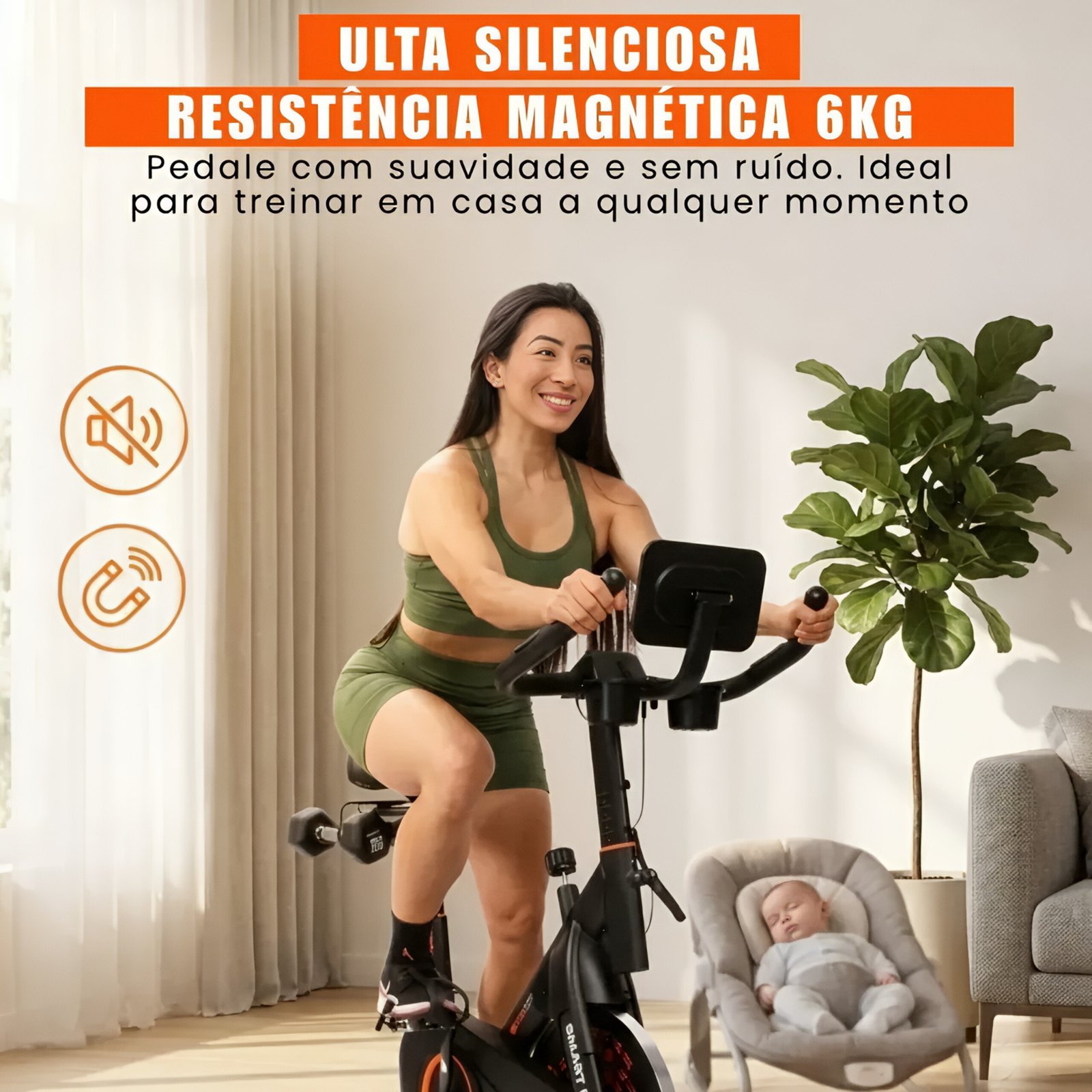 Bicicleta spinning Smart Magnetic 6K silenciosa para apartamento.